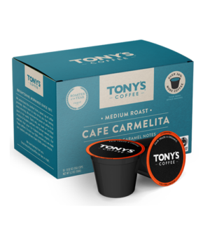 Box of Cafe Carmelita k-cups with two pods in front