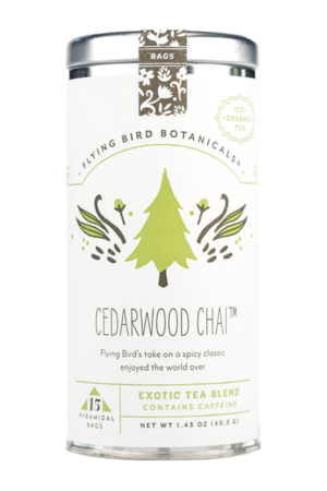 Tin of Flying Bird Botanicals Cedarwood Chai tea