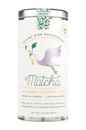 Tin of Flying Bird Botanicals Golden Coconut Chai Matcha