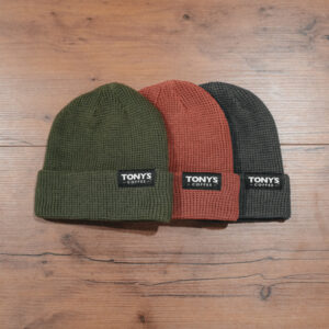 Photo of beanie with Tonys Coffee Logo