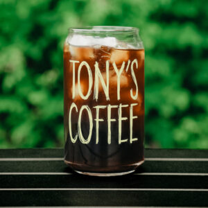 Glass of Cold Brew with Tony's Coffee printed
