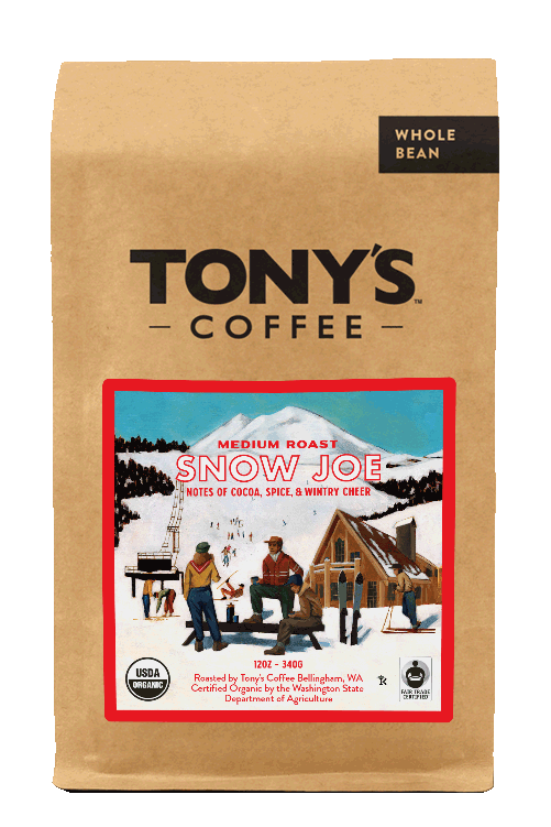 Rotating bags of Snow Joe, Happy Holidays, and Polar Plunge coffee