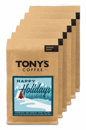 Bags of Happy Holiday coffee Stacked