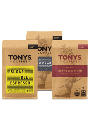 Stacked bags of Sugar Bee Espresso, Espresso Noir, and Espresso Classico