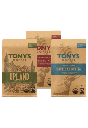 Stacked Image of Carmelita, Espresso Noir, and Upland Coffee Bags